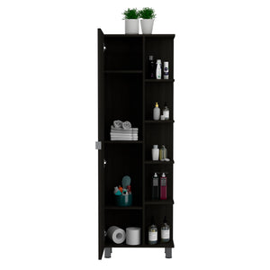 English Elm Mirror Linen Cabinet Reno 62" Tall Mirrored Door with Four Open Shelves and Adjustable Interior Storage Black B092123062
