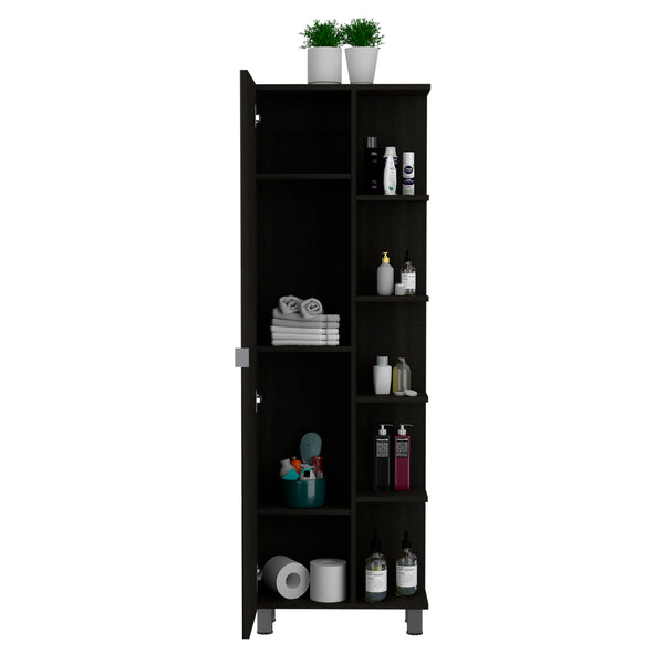 English Elm Mirror Linen Cabinet Reno 62" Tall Mirrored Door with Four Open Shelves and Adjustable Interior Storage Black B092123062