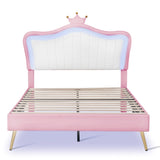 English Elm Full Size Upholstered Bed Frame With Led Lights,Modern Upholstered Princess Bed With Crown Headboard,White+Pink