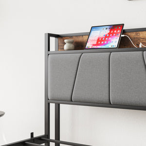 English Elm Twin Twin Size Bed Frame with Storage Headboard, USB Charging Ports, Gray Upholstered, Sturdy Metal Slats W840120026