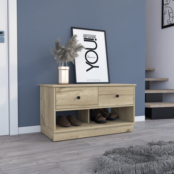 English Elm Storage Bench Beji with Two Drawers and Lower Shelf - Modern Entryway Seat with Shoe Storage and Elegant Finish Light Oak B092122869