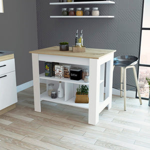 English Elm Kitchen Island Dozza, Three Shelves, White / Light Oak Finish