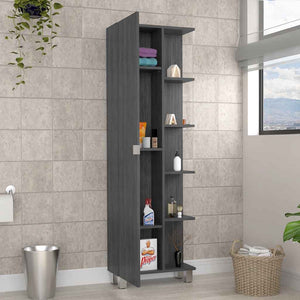 English Elm Corner Storage Cabinet with Five Open Shelves Single Door Smoky Oak Wood Finish B092123110