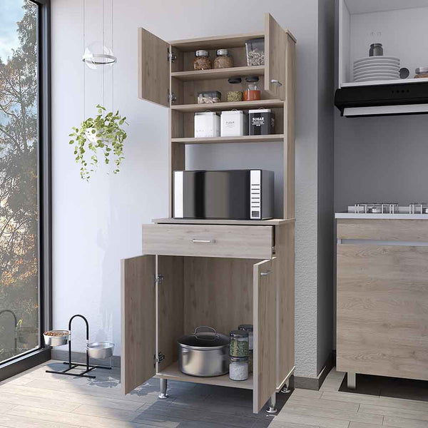 English Elm Pantry Piacenza Two Double Door Cabinet Light Gray – Multi-Shelf Storage, Microwave Space & Drawer B092123112