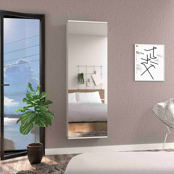 English Elm Wall Mounted Shoe Rack With Mirror Door, Single-Door White Particle Board Organizer, 10-Pair Capacity, Slim Space-Saving 54.3" H x 18.5" W x 8.1" D B092122936
