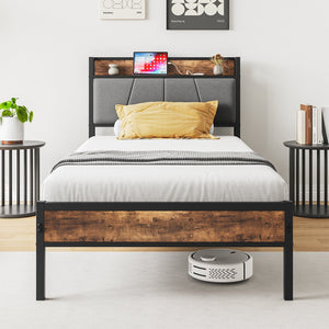 English Elm Twin Twin Size Bed Frame with Storage Headboard, USB Charging Ports, Gray Upholstered, Sturdy Metal Slats W840120026