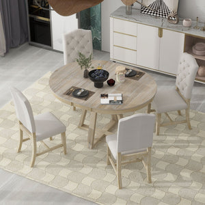 English Elm Trexm Retro Round Extendable Dining Set Acacia Veneer Table Four Tufted Chairs ST000094AAN