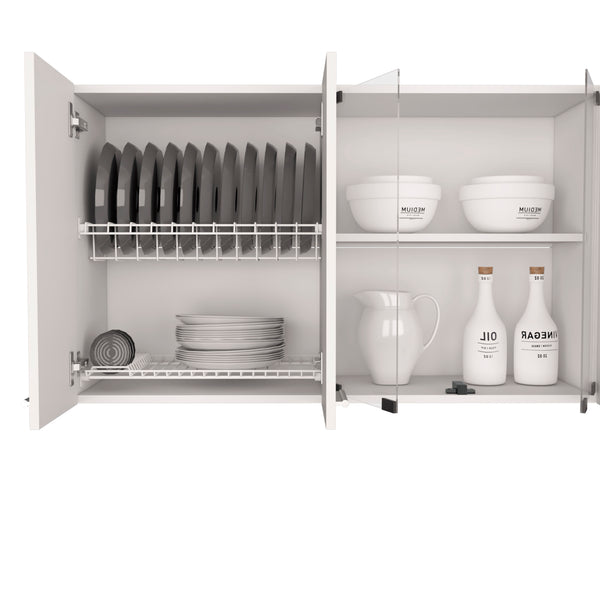 English Elm Superior Wall Cabinet Peoria with Four Shelves, Glass Center Doors, Metal Handles, Durable Design White B092123035