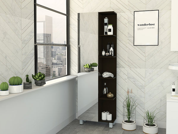 English Elm Mirror Linen Cabinet Reno 62" Tall Mirrored Door with Four Open Shelves and Adjustable Interior Storage Black B092123062