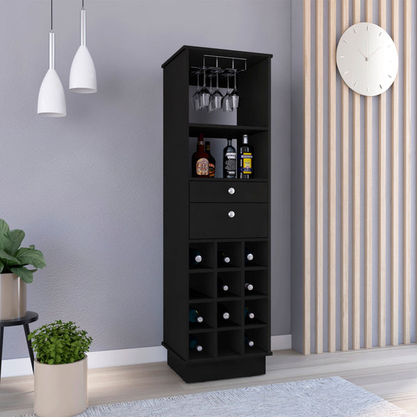 English Elm Bar Cabinet Bureck - Stylish Black Wenge Finish With Wine Cubbies & Drawers For Chic Storage Solutions B092122877