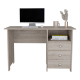 English Elm Writing Desk Brentwood With Three Drawers and Open Storage Shelf, Light Gray Finish