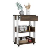 English Elm Kitchen Cart Coron With Drawer, Three-Tier Shelves and Casters, White / Dark Walnut Finish