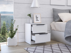English Elm Nightstand With Two Drawers, Sleek Metal Handles, White Finish For Modern Bedroom Storage Solutions B092122886