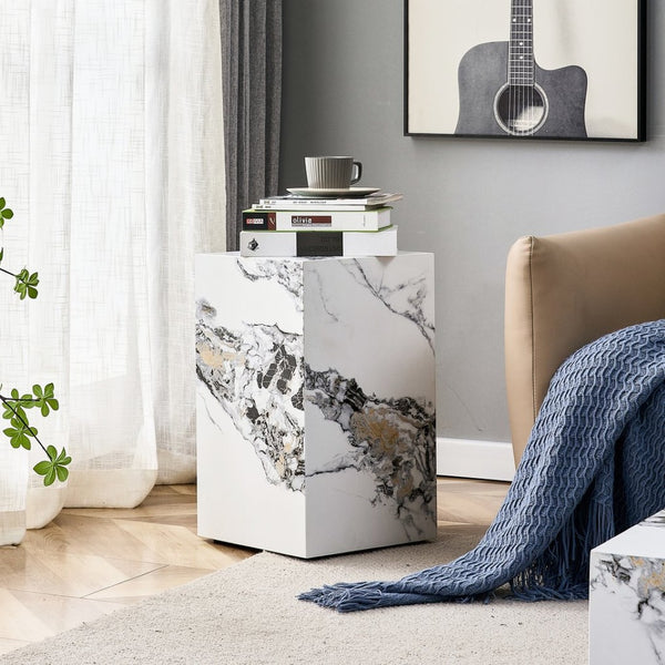 English Elm Elevate Any Corner with a Marble Patterned Mdf Pedestal Side Table for Modern Homes W1151P389856