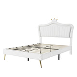 English Elm Queen Size Upholstered Bed Frame With Led Lights,Modern Upholstered Princess Bed With Crown Headboard,White