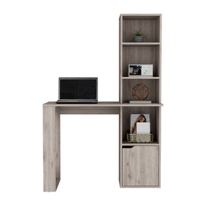 English Elm Computer Desk With Storage Cabinet & 4-Tier Bookcase - Light Gray, Space-Saving Workstation Solution B092123136