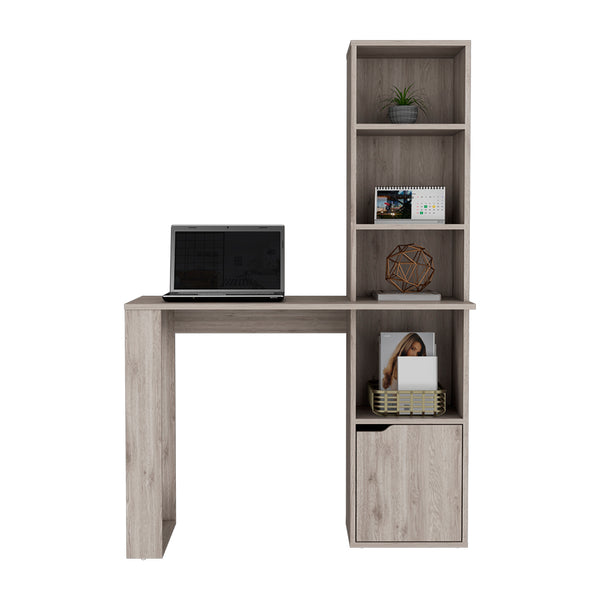 English Elm Computer Desk With Storage Cabinet & 4-Tier Bookcase - Light Gray, Space-Saving Workstation Solution B092123136