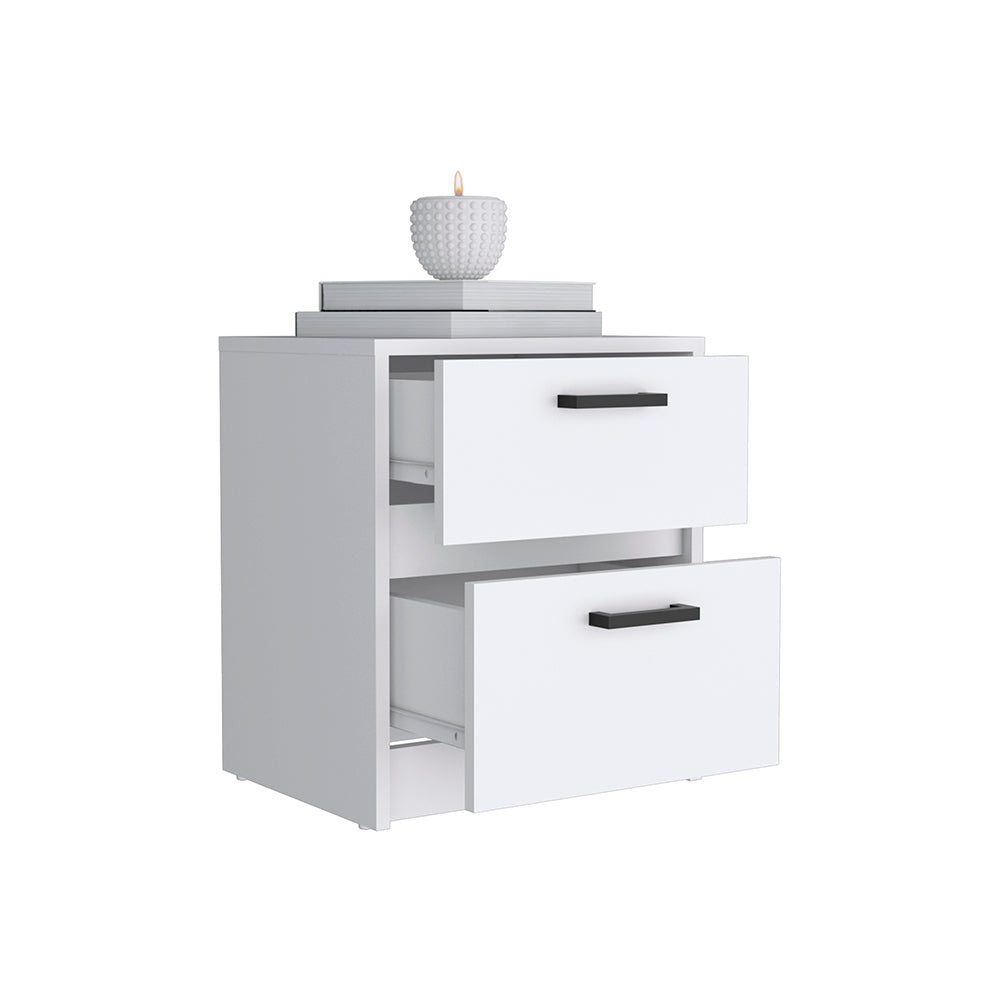 English Elm Nightstand With Two Drawers And Open Shelf - Elegant White Chequered Design For Stylish Storage Solutions B092123118