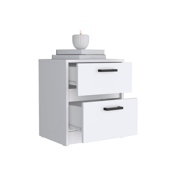 English Elm Nightstand With Two Drawers And Open Shelf - Elegant White Chequered Design For Stylish Storage Solutions B092123118