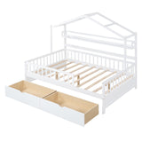 English Elm Wooden Full Size House Bed With 2 Drawers,Kids Bed With Storage Shelf, White