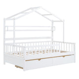 English Elm Wooden Full Size House Bed With 2 Drawers,Kids Bed With Storage Shelf, White