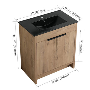 English Elm 30" Freestanding Bathroom Vanity With Black Ceramic Basin & Soft-Close Doors For Modern Spaces W999S00103