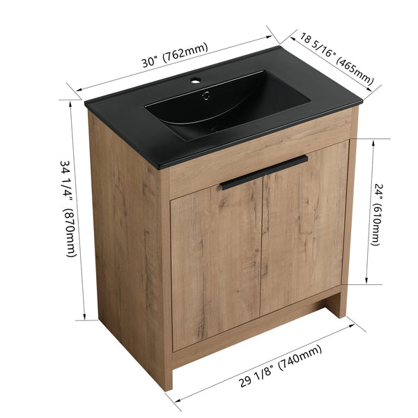 English Elm 30" Freestanding Bathroom Vanity With Black Ceramic Basin & Soft-Close Doors For Modern Spaces W999S00103