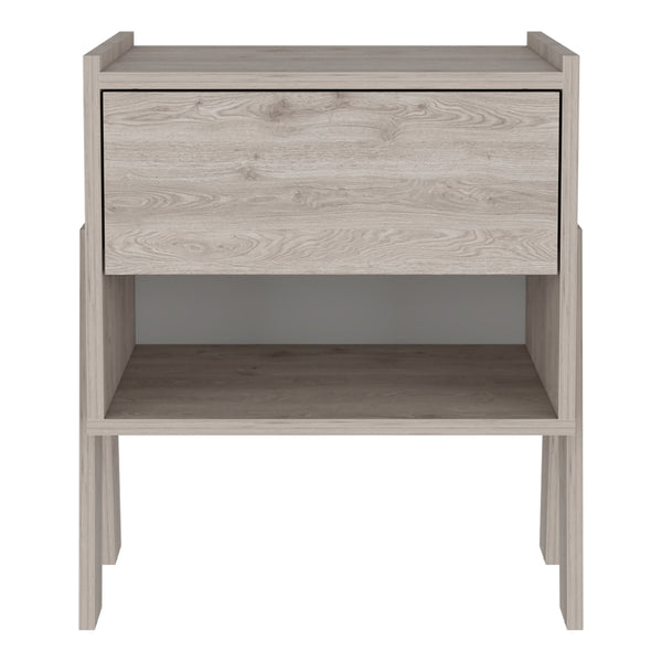 English Elm Nightstand Ferku - Modern Light Gray With Open Shelf & Drawer For Stylish Bedroom Storage Solutions B092122928