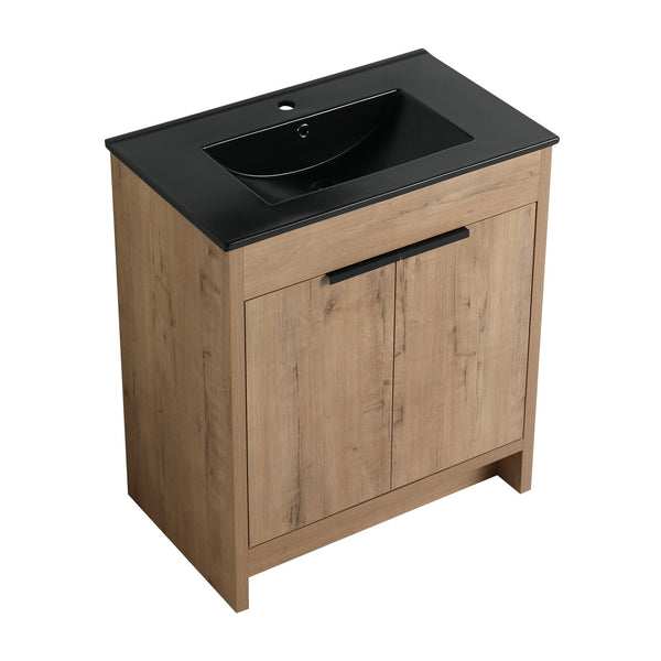 English Elm 30" Freestanding Bathroom Vanity With Black Ceramic Basin & Soft-Close Doors For Modern Spaces W999S00103
