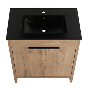 English Elm 30" Freestanding Bathroom Vanity With Black Ceramic Basin & Soft-Close Doors For Modern Spaces W999S00103