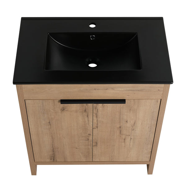 English Elm 30" Freestanding Bathroom Vanity With Black Ceramic Basin & Soft-Close Doors For Modern Spaces W999S00103