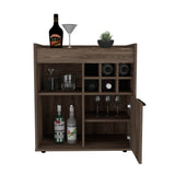 English Elm Bar Cabinet Dext, Two Concealed Shelves, Six Wine Cubbies, Dark Walnut Finish