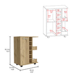 English Elm Bar Cart Wells, Four Casters, Six Wine Cubbies, Single Door Cabinet, Light Oak Finish