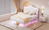 English Elm Queen Size Upholstered Bed Frame With Led Lights,Modern Upholstered Princess Bed With Crown Headboard,White