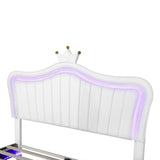 English Elm Queen Size Upholstered Bed Frame With Led Lights,Modern Upholstered Princess Bed With Crown Headboard,White