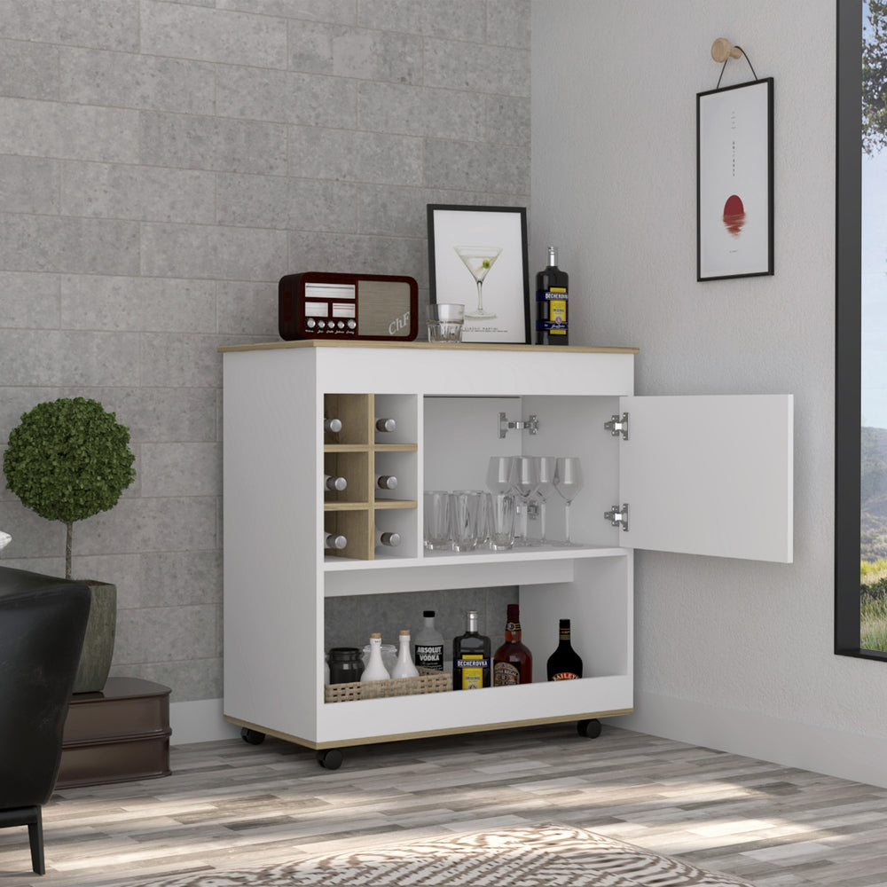 English Elm Bar Cart Aloha - Modern Light Oak & White Finish With 6 Bottle Cubbies, Cabinet & Easy Wheels B092122847