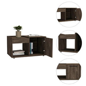 English Elm Coffee Coffee Table Dext with Single Door Cabinet and Open Shelf, Durable Particleboard Design Brown B092122902
