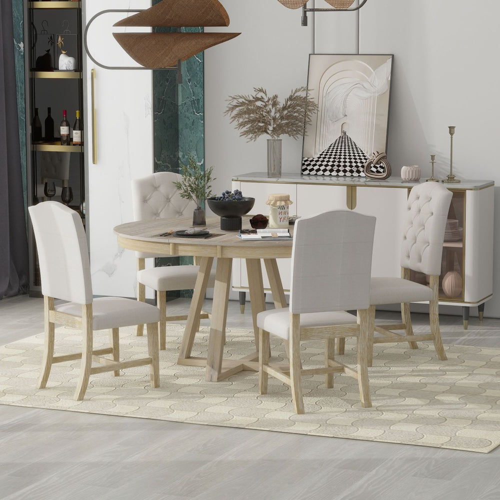 English Elm Trexm Retro Round Extendable Dining Set Acacia Veneer Table Four Tufted Chairs ST000094AAN