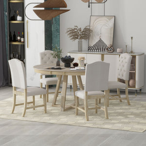 English Elm Trexm Retro Round Extendable Dining Set Acacia Veneer Table Four Tufted Chairs ST000094AAN