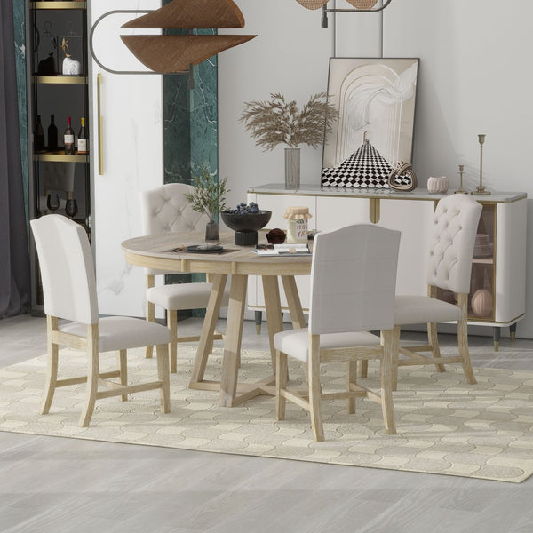 English Elm Trexm Retro Round Extendable Dining Set Acacia Veneer Table Four Tufted Chairs ST000094AAN