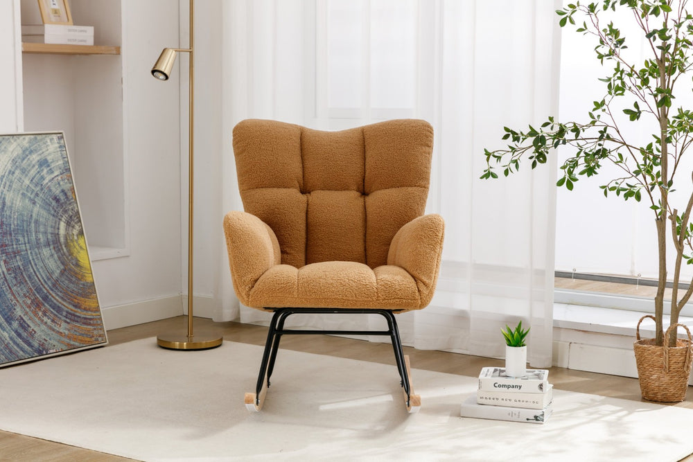 English Elm 050-teddy Fabric Glider Rocking Chair Plush Nursery Accent Seat with Wooden Base W527P176785