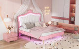 English Elm Full Size Upholstered Bed Frame With Led Lights,Modern Upholstered Princess Bed With Crown Headboard,White+Pink