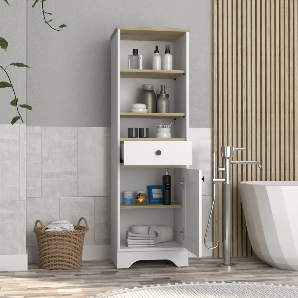 English Elm Linen Cabinet With Multiple Shelves, Modern Light Oak & White Finish For Stylish Bathroom Storage B092122879