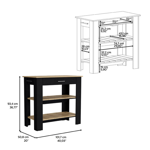 English Elm Kitchen Island 40 Inches Dozza With Two Shelves, Modern Black Wengue & Light Oak Finish Design B092123276