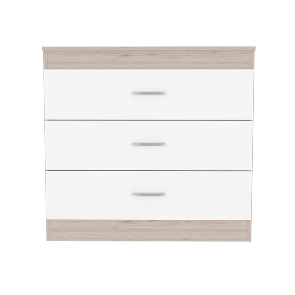 English Elm Three Drawer Dresser Lial with Durable Particle Board, Metal Hardware, Wengue Finish, Sleek Design Light Gray B092122973