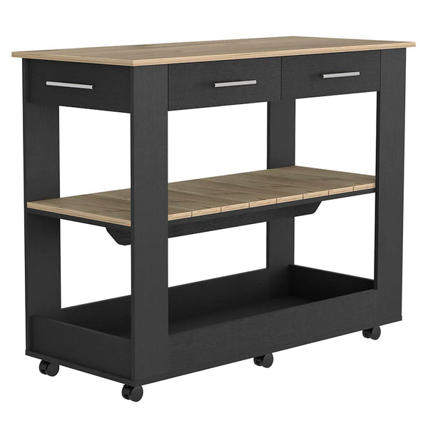 English Elm Kitchen Island 46 Inches Dozza – Mobile Storage With Drawers & Open Shelves In Black Wenge Finish B092123278