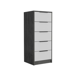 English Elm 5 Drawers Dresser - Modern Smokey Oak & White Storage Solution With Metal Handles For Compact Spaces B092122997