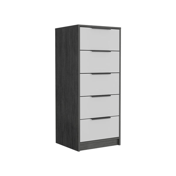 English Elm 5 Drawers Dresser - Modern Smokey Oak & White Storage Solution With Metal Handles For Compact Spaces B092122997