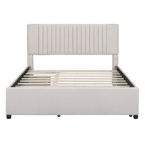 English Elm Queen Upholstered Platform Bed with Classic Headboard, 2 Storage Drawers & Large Twin Trundle for Extra Sleep Space and Durable Slat Support Beige SF000015AAA