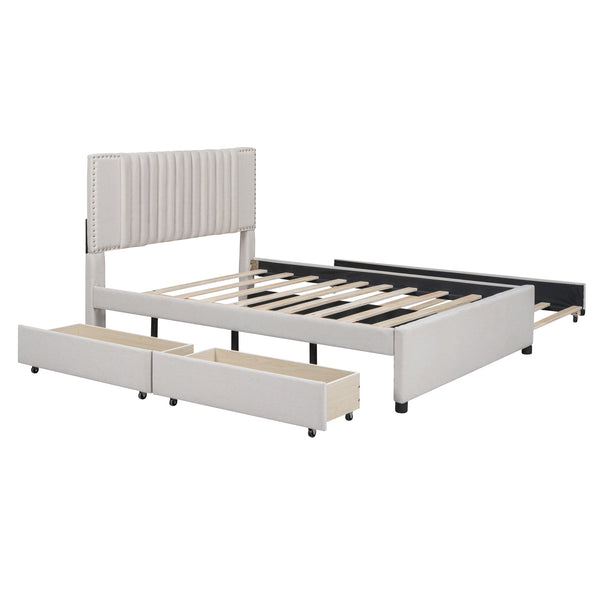 English Elm Full Upholstered Platform Bed with Two Drawers and Twin Trundle, Classic Padded Headboard, Storage-Friendly Design for Small Bedrooms and Guests Beige SF000014AAA